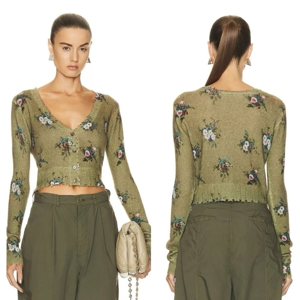 R13 Olive Green Floral Cropped Cardigan with Pink and Cream Blooms